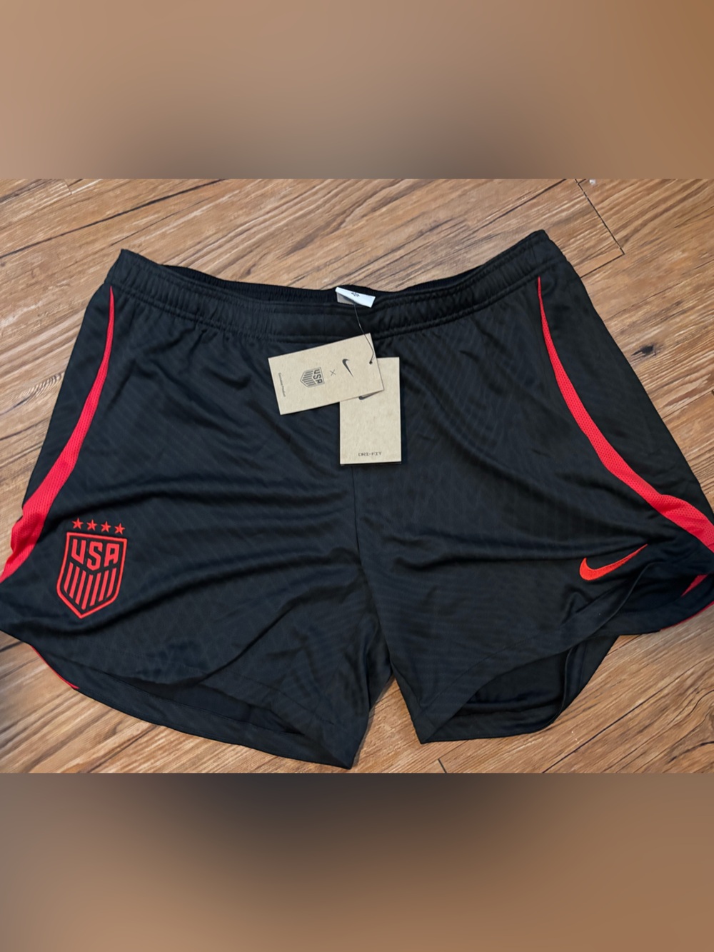 Nike Women’s Black Athletic Shorts with Red Swoosh, USA Soccer, USWNT